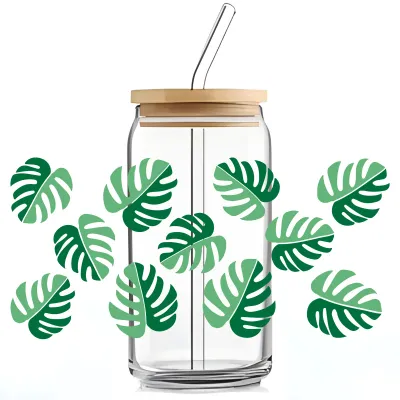 Simple Cartoon Letter Floral Leaves UV Transfer Transparent Glass Sticker for Cup Home Kitchen Decoration