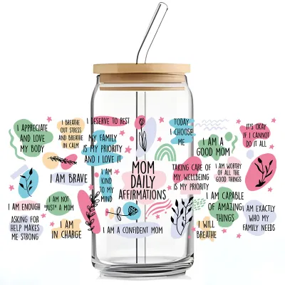 Simple Cartoon Letter Floral Leaves UV Transfer Transparent Glass Sticker for Cup Home Kitchen Decoration