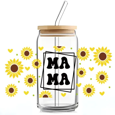 Simple Cartoon Letter Floral Leaves UV Transfer Transparent Glass Sticker for Cup Home Kitchen Decoration
