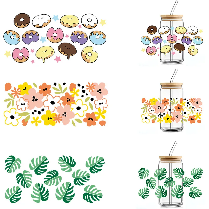 Simple Cartoon Letter Floral Leaves UV Transfer Transparent Glass Sticker for Cup Home Kitchen Decoration