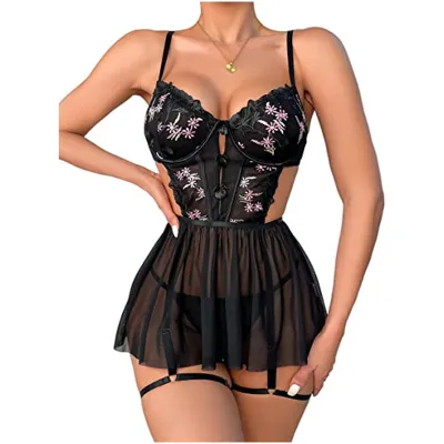 Women Fashion Sexy Mesh Embroidery Hollow Perspective Sling Nightgown Set