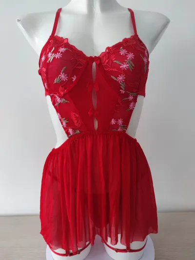 Women Fashion Sexy Mesh Embroidery Hollow Perspective Sling Nightgown Set