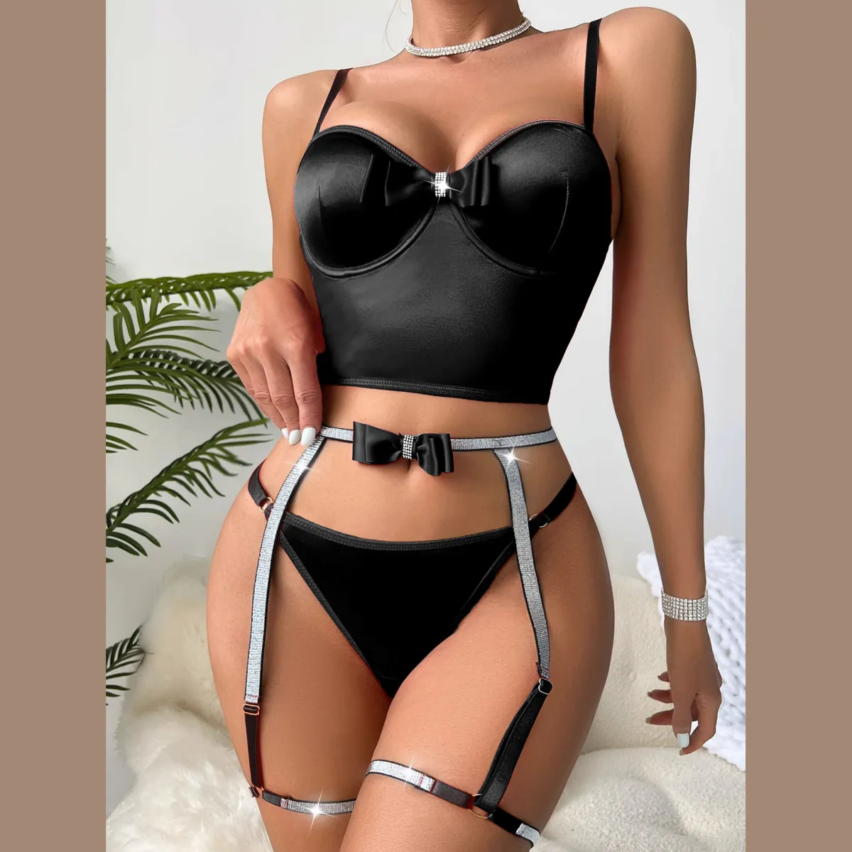 Women Sexy Strap Bow Lingerie Three-Piece Set