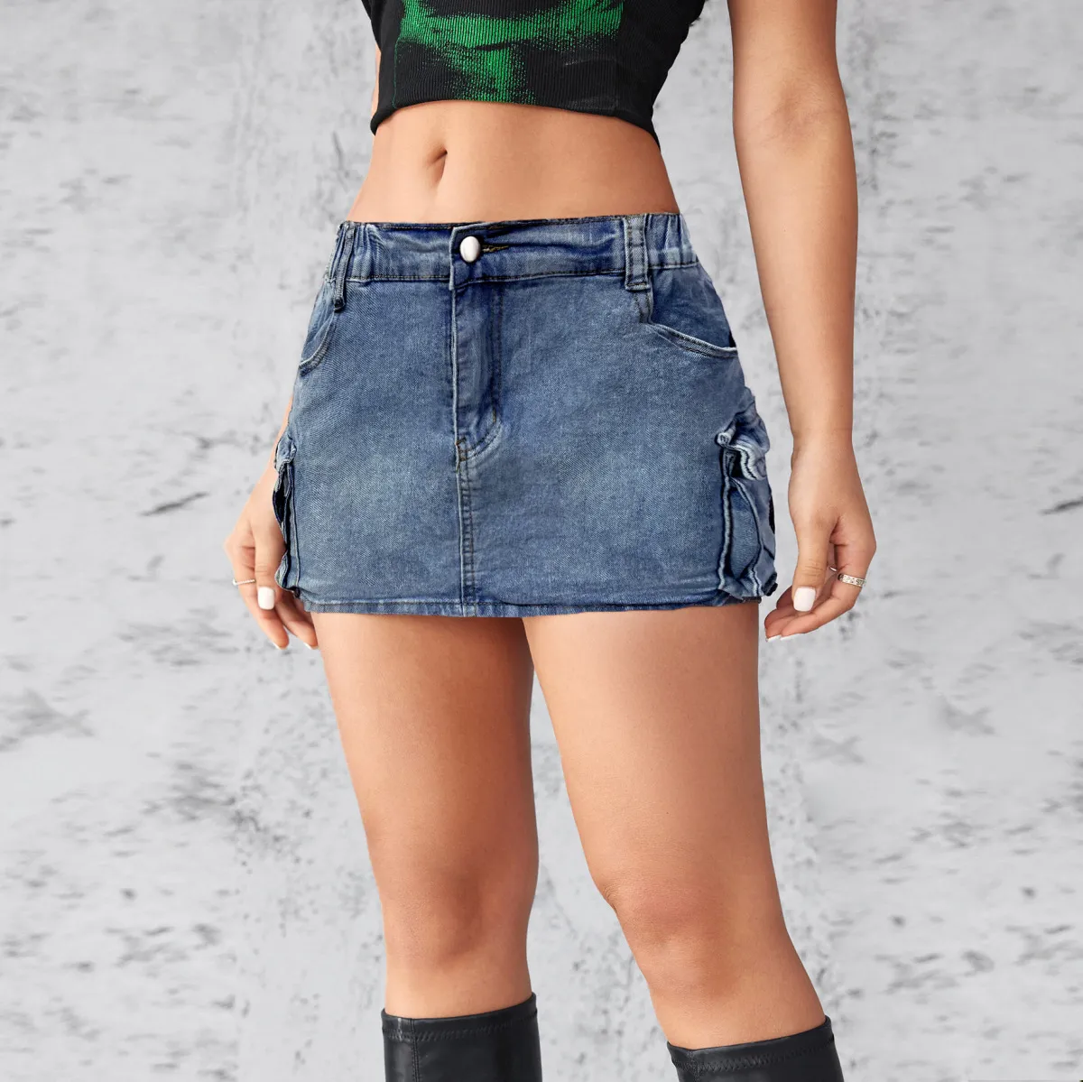 Women Vintage Stretch Slim Fit Cargo Denim Skirt