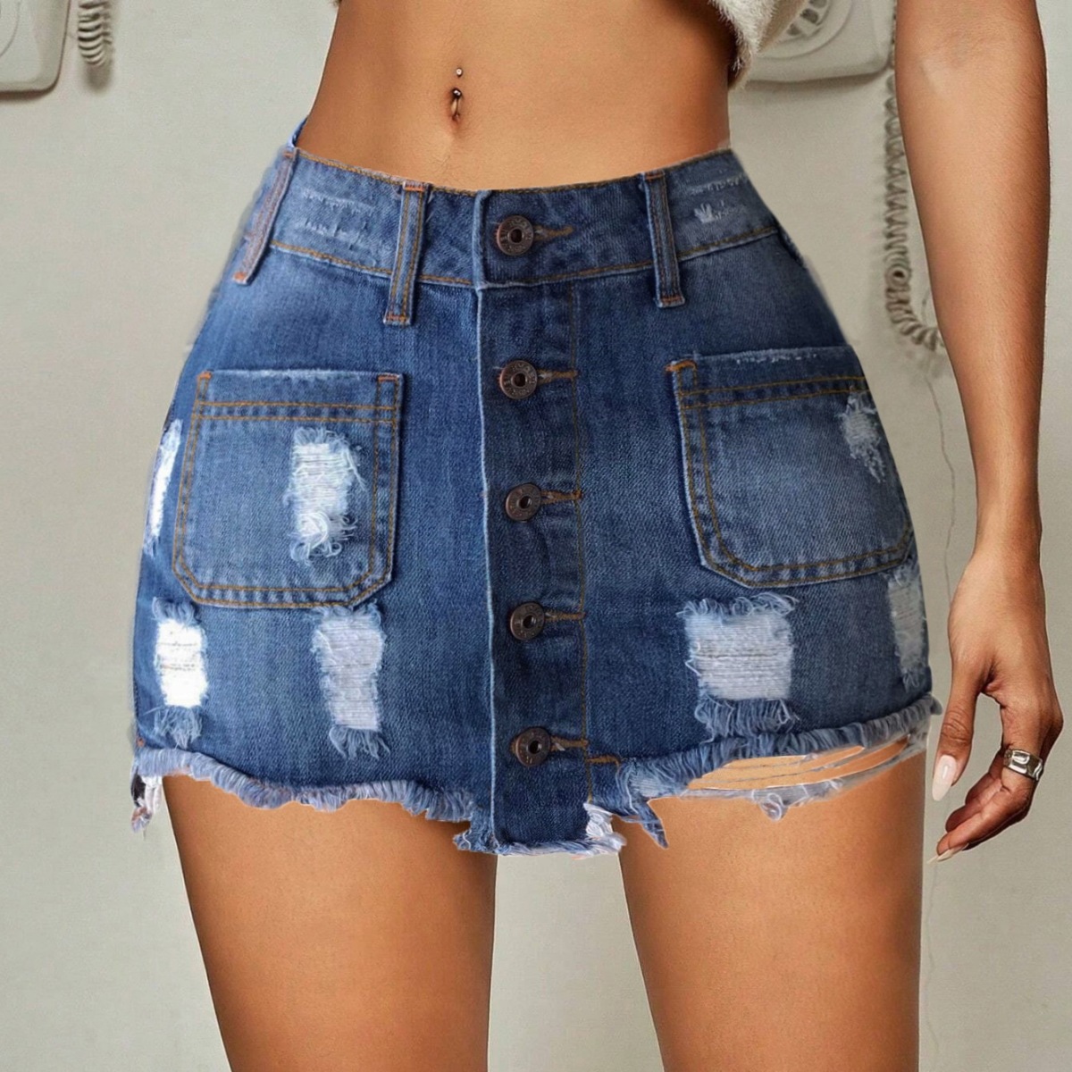 【PORTERNA】Pure Denim Short Skirt Yishankeyu High Waist Asymmetrical Denim Skort for Women