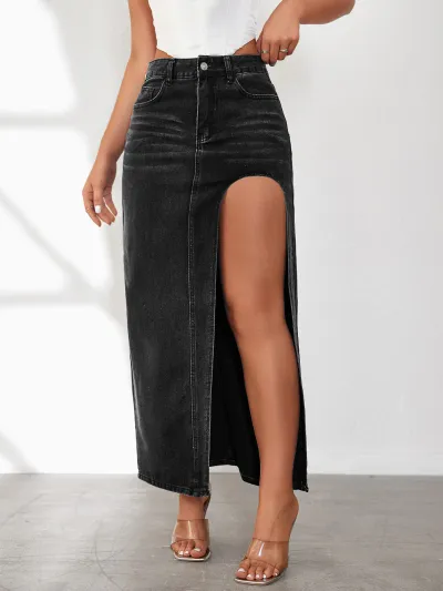 Women's High Split Denim Skirt - Street Hipster Style, Solid Color, Midi Length