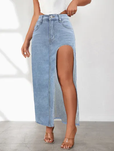 Women's High Split Denim Skirt - Street Hipster Style, Solid Color, Midi Length