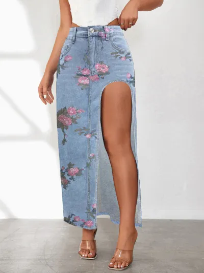 Women's High Split Denim Skirt - Street Hipster Style, Solid Color, Midi Length