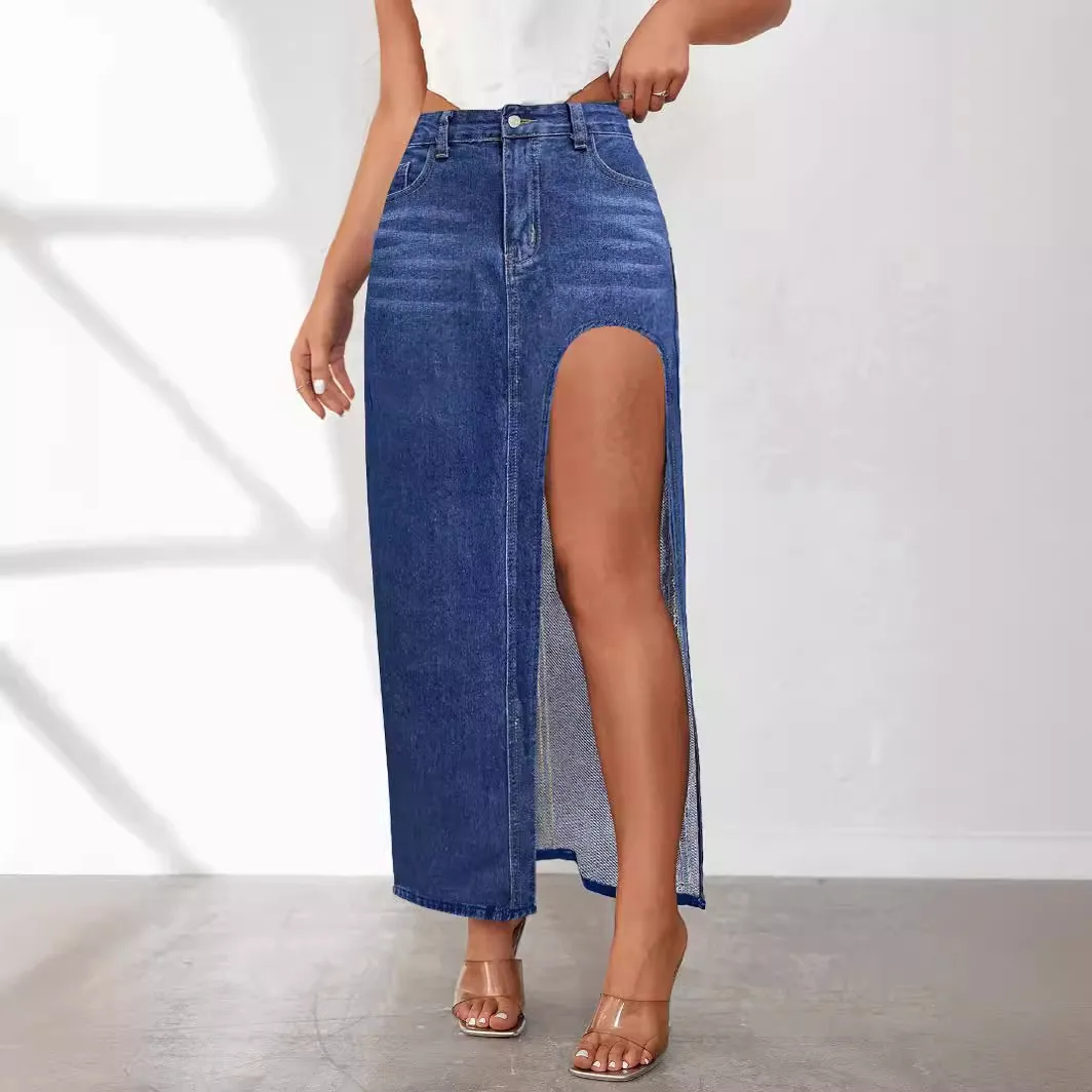 Women's High Split Denim Skirt - Street Hipster Style, Solid Color, Midi Length