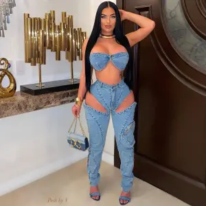 Women Fashion Sexy Stretch Denim Split Zipper Stereo Pocket Jeans Crop Top Set