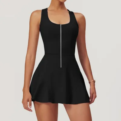 Women's Yoga Sport Dress with Zipper - Naked Feeling Fabric, Solid Color, Sleeveless