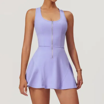 Women's Yoga Sport Dress with Zipper - Naked Feeling Fabric, Solid Color, Sleeveless