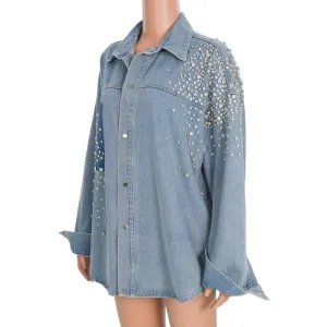 Women's Rhinestone Decorated Lapel Long Sleeve Extra Long Denim Shirt Coat
