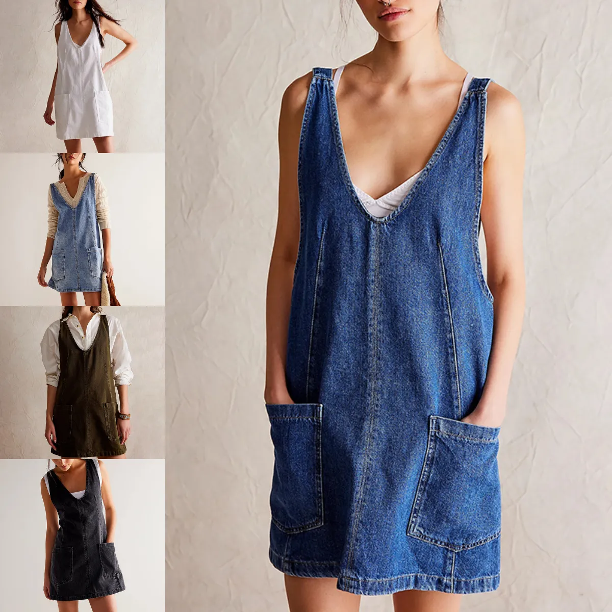 Summer Casual Women Denim Strap Pocket Adjustable Loose Dress