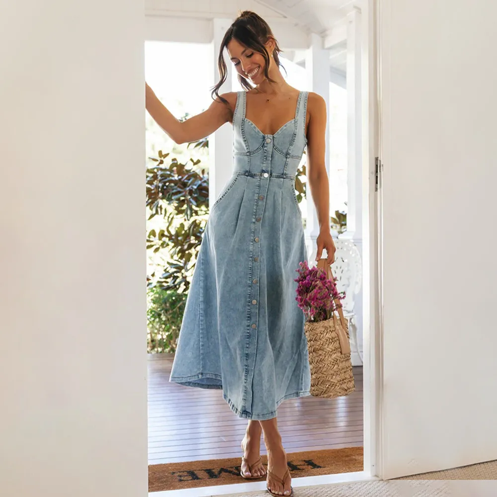 Vintage Denim Button Dress - Street Hipster Style, A-Line Skirt, Sleeveless