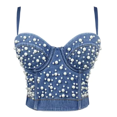 Summer Women Fashion Sexy Pearl Denim Camisole