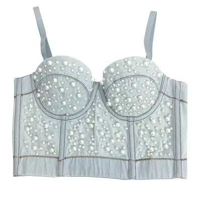 Summer Women Fashion Sexy Pearl Denim Camisole
