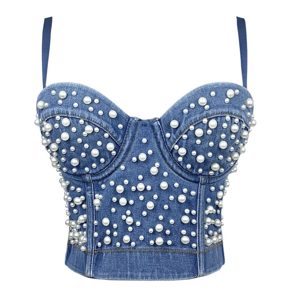 Summer Women Fashion Sexy Pearl Denim Camisole