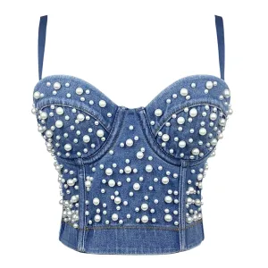 Summer Women Fashion Sexy Pearl Denim Camisole