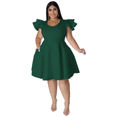 Women Plus Size Air Layer Street Hipster Solid Color Dress