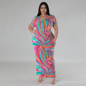 Women Fashion Plus Size Graphic Printing V-Neck Short Sleeve Split Dress