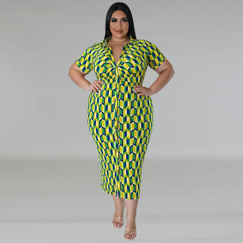 Women Plus Size V-Neck Plaid Printed Short Sleeve Dress