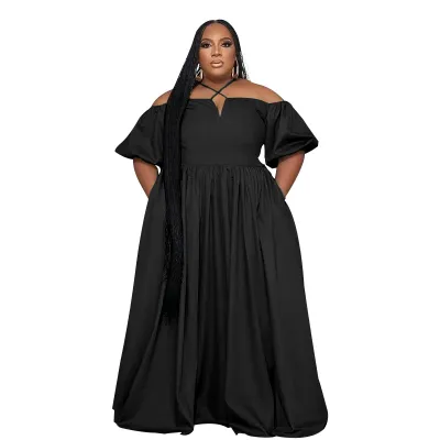 Summer Women Casual Loose Plus Size Solid Color Halter Neck Short Sleeve Maxi Dress