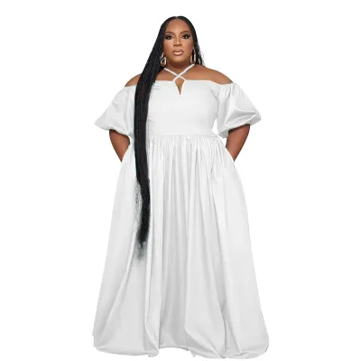 Summer Women Casual Loose Plus Size Solid Color Halter Neck Short Sleeve Maxi Dress