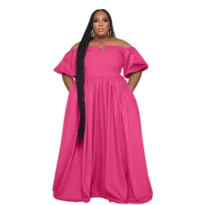 Summer Women Casual Loose Plus Size Solid Color Halter Neck Short Sleeve Maxi Dress