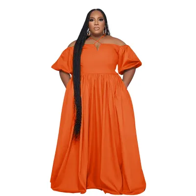 Summer Women Casual Loose Plus Size Solid Color Halter Neck Short Sleeve Maxi Dress