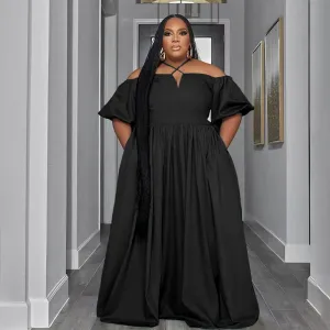 Summer Women Casual Loose Plus Size Solid Color Halter Neck Short Sleeve Maxi Dress