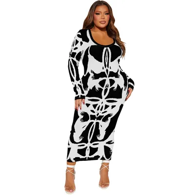 Women Plus Size U-Neck Graphic Printed Long Sleeve Dress