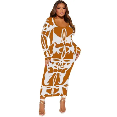 Women Plus Size U-Neck Graphic Printed Long Sleeve Dress