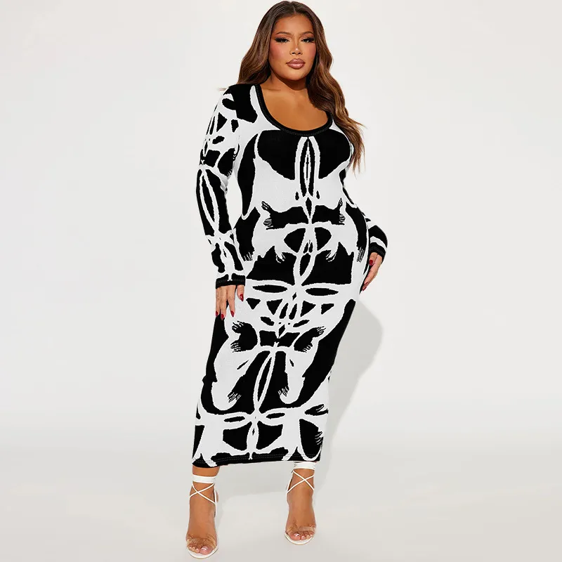 Women Plus Size U-Neck Graphic Printed Long Sleeve Dress