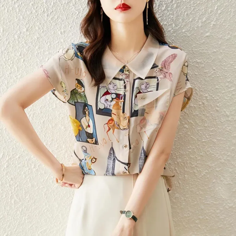 Summer Women Fashion Loose Graffiti Print Lapel Long Sleeve Blouse Top