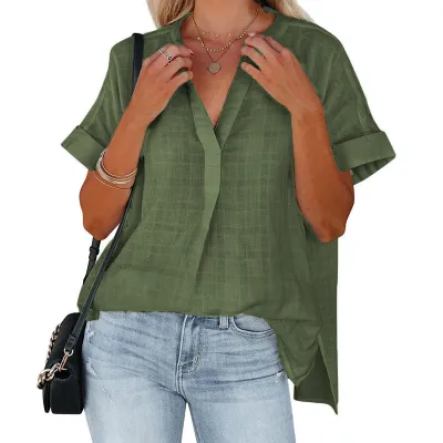 Summer Women Casual Loose Solid Color V-Neck Bat Sleeve Pullover Shirt
