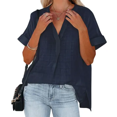 Summer Women Casual Loose Solid Color V-Neck Bat Sleeve Pullover Shirt