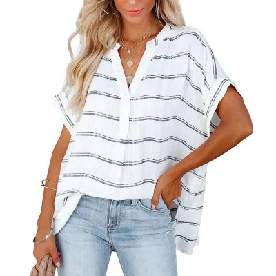Summer Women Casual Loose Solid Color V-Neck Bat Sleeve Pullover Shirt