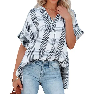 Summer Women Casual Loose Solid Color V-Neck Bat Sleeve Pullover Shirt