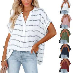Summer Women Casual Loose Solid Color V-Neck Bat Sleeve Pullover Shirt