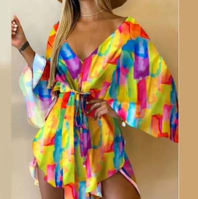 Summer Women's Fashion Sexy V-Neck Floral Print Bat Sleeve Lace-Up Dress