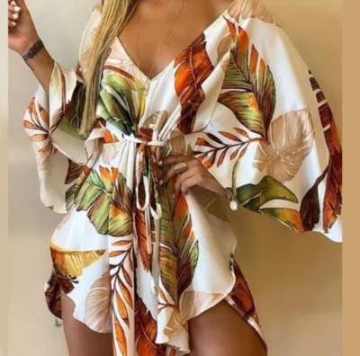 Summer Women's Fashion Sexy V-Neck Floral Print Bat Sleeve Lace-Up Dress