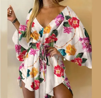 Summer Women's Fashion Sexy V-Neck Floral Print Bat Sleeve Lace-Up Dress