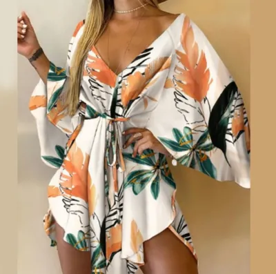Summer Women's Fashion Sexy V-Neck Floral Print Bat Sleeve Lace-Up Dress