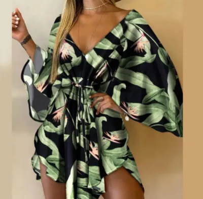 Summer Women's Fashion Sexy V-Neck Floral Print Bat Sleeve Lace-Up Dress