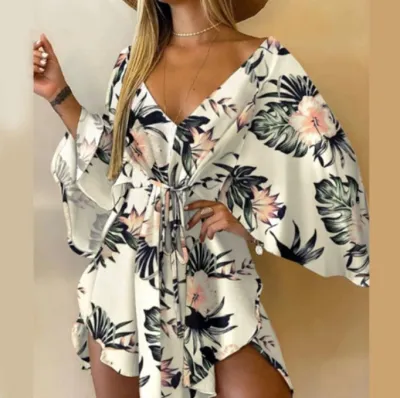 Summer Women's Fashion Sexy V-Neck Floral Print Bat Sleeve Lace-Up Dress