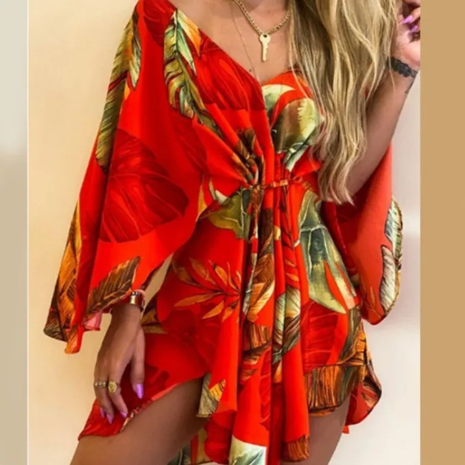 Summer Women's Fashion Sexy V-Neck Floral Print Bat Sleeve Lace-Up Dress