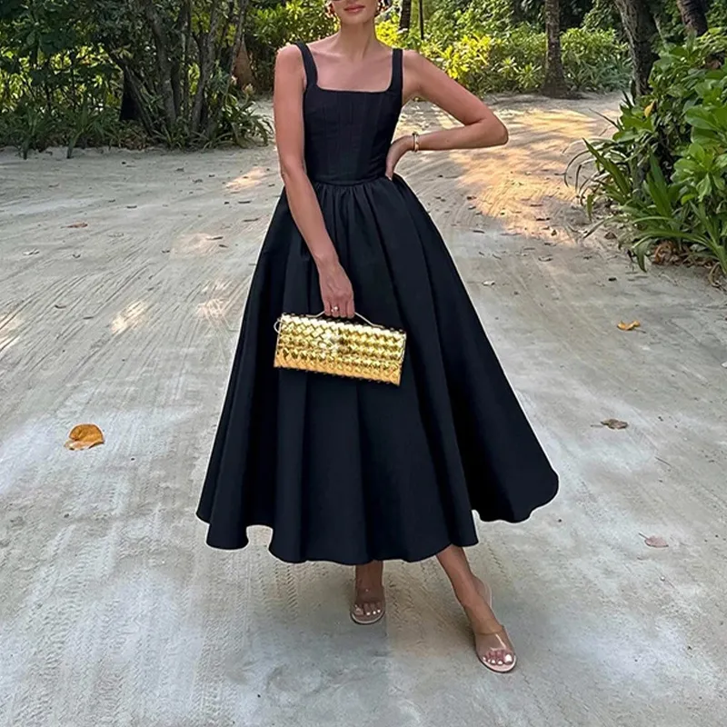 Summer Women Elegant Swing Sling Dress Square Collar Solid Color Midi