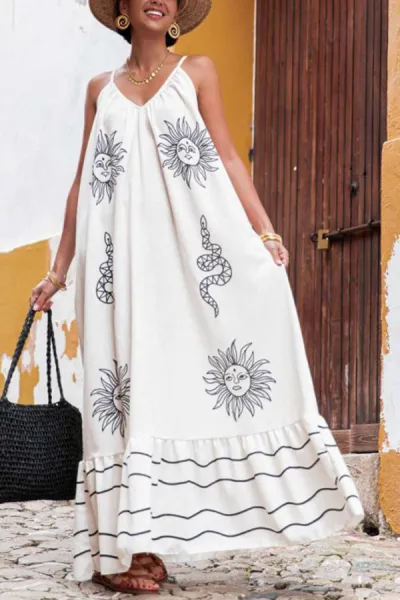 Summer Women Casual Floral Print V-Neck Sling Maxi Dress