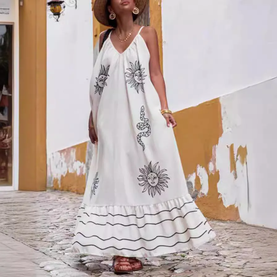 Summer Women Casual Floral Print V-Neck Sling Maxi Dress